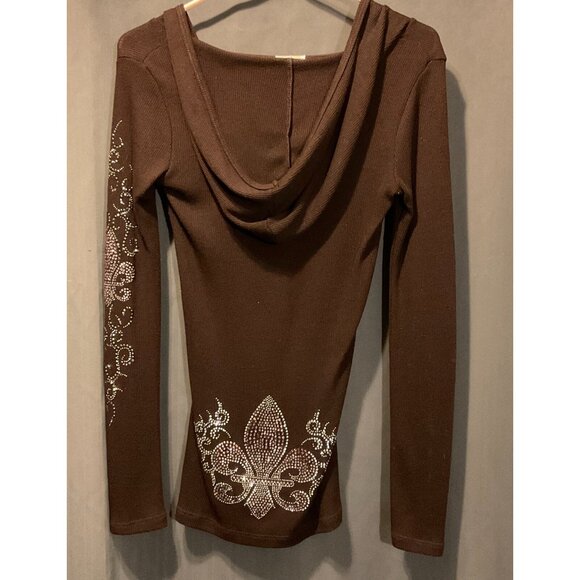 Vocal Y2K Brown Long-Sleeve Hooded Top With Rhinestone Fleur-De-Lis Womens Small - Picture 4 of 12
